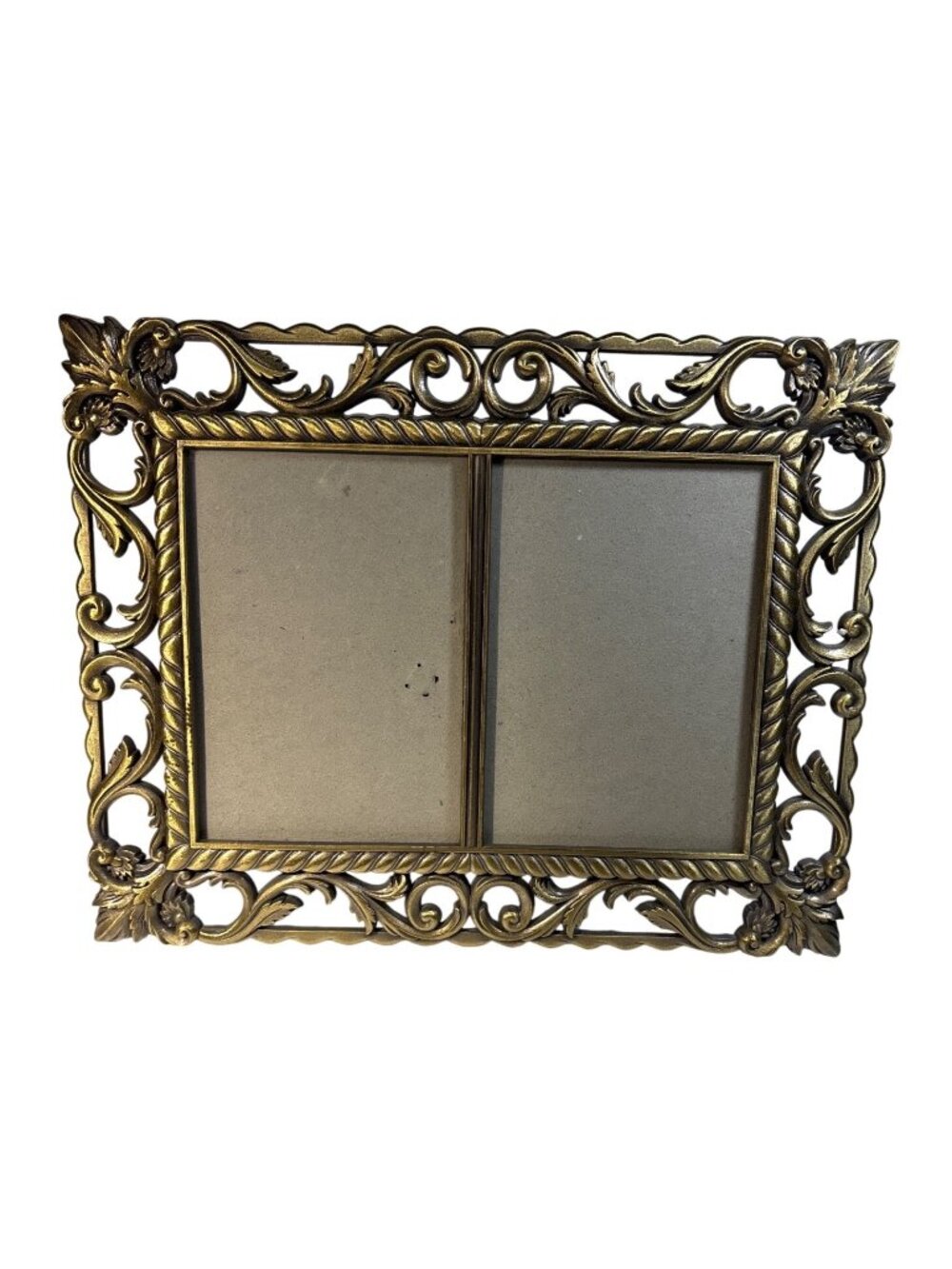Ornate Brass Dual Photo Frame With Decorative Scroll & Leaf Two 4x6" Photos